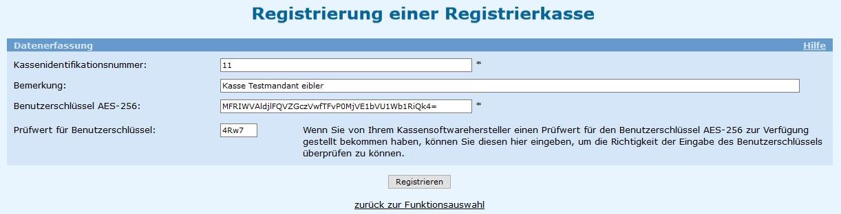 Registrierung der Registrierkasse