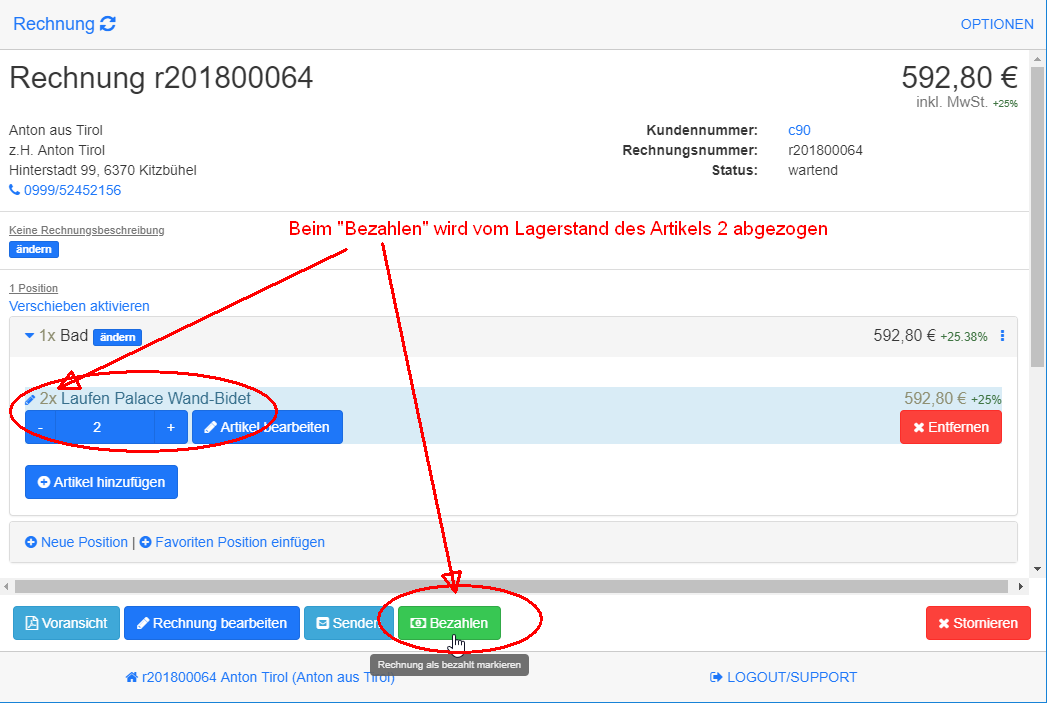 Rechnung bezahlen subtrahiert Artikel Anzahl vom Lagerstand