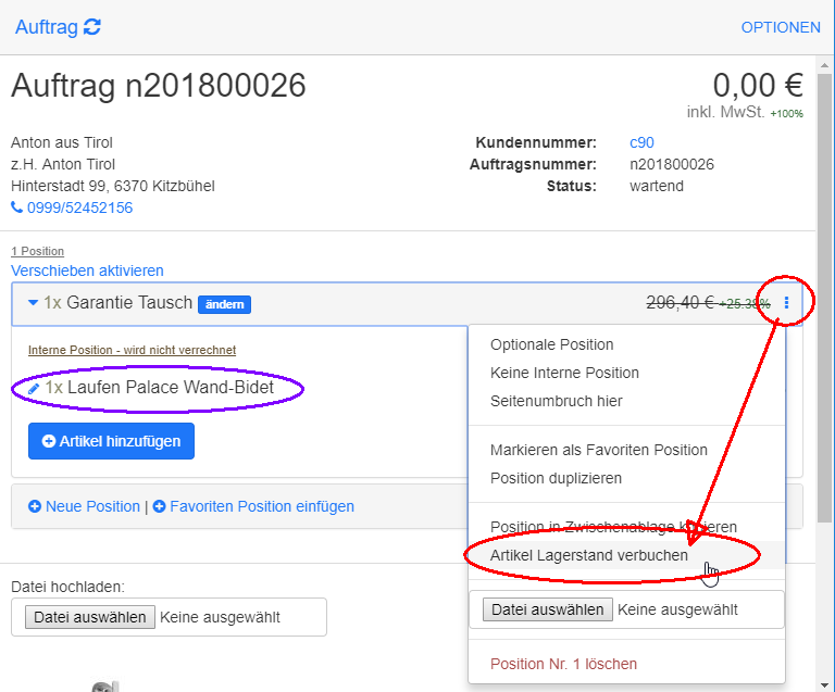 Lagerstand über Position verbuchen