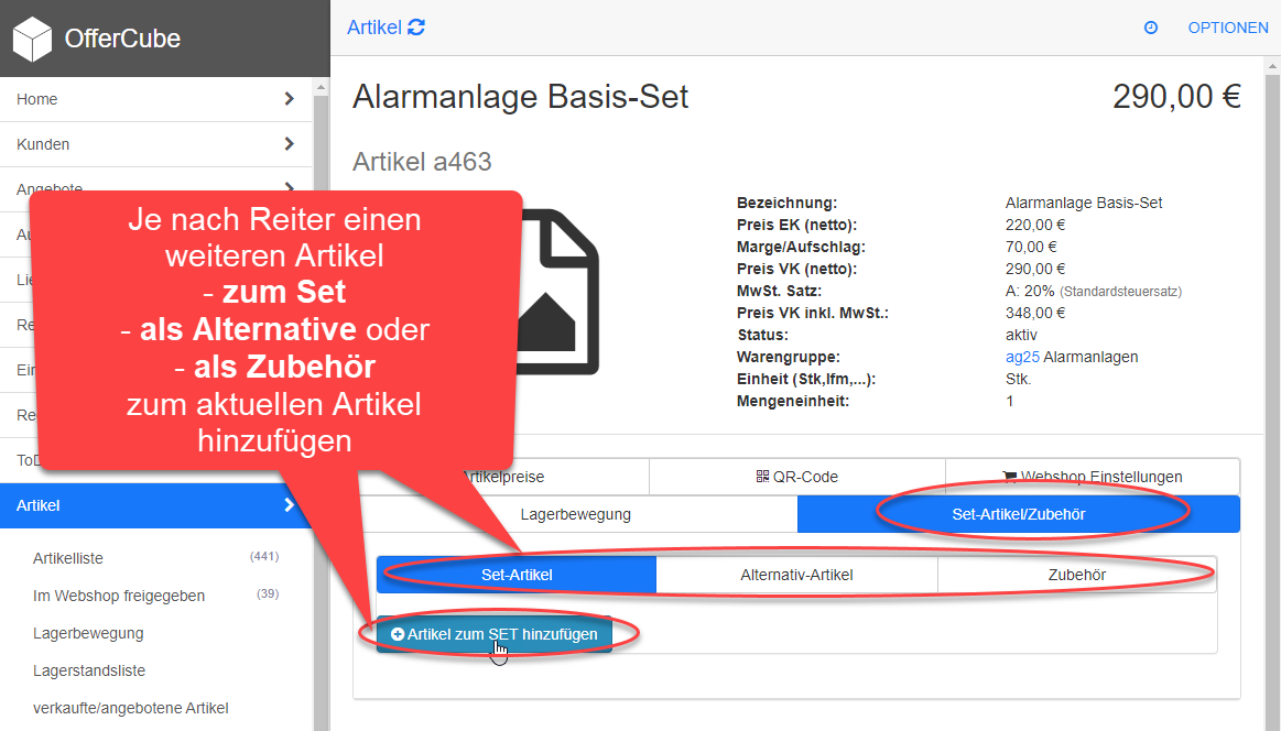 Artikel zum Set hinzufügen