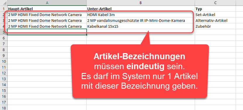 Excel Import Beispiel mit Artikel Bezeichnungen