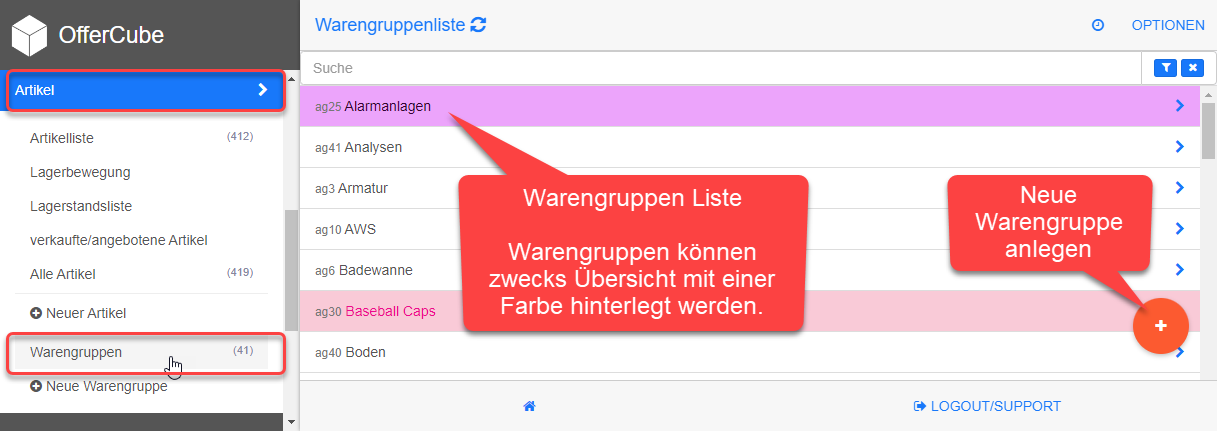 Artikel - Warengruppen Liste