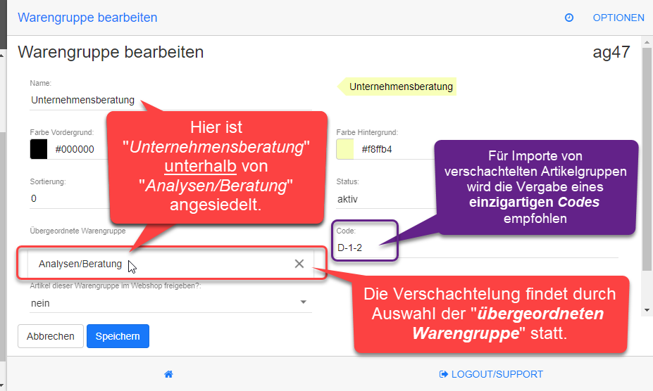 Warengruppen - Verschachtelung bearbeiten