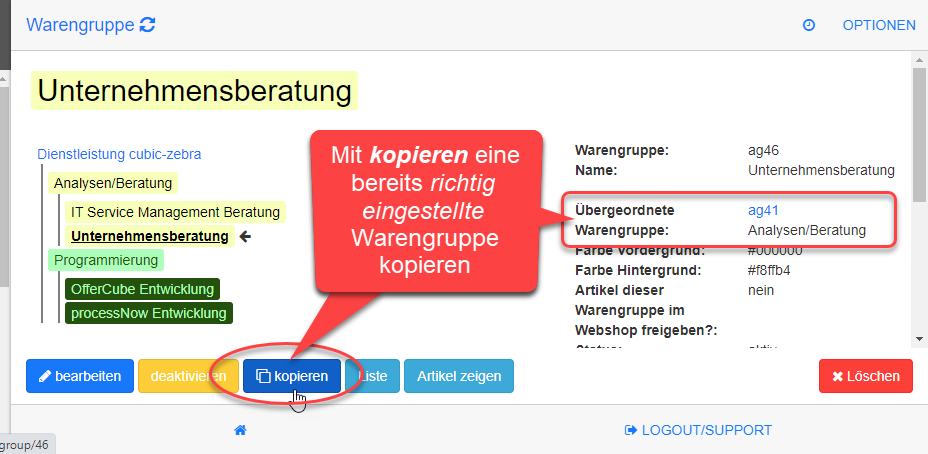 Verschachtelte Warengruppe kopieren