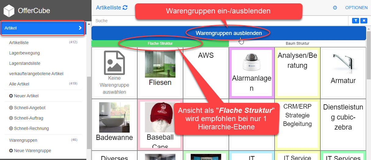 Artikel - Warengruppen als Flache Struktur anzeigen