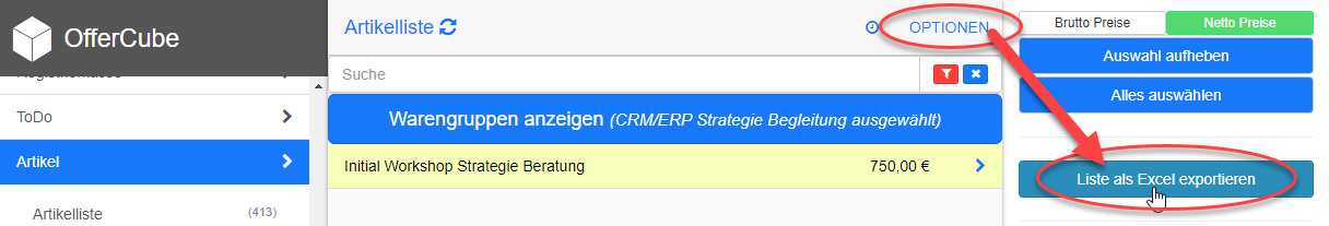 Artikel - Optionen - Liste als Excel exportieren