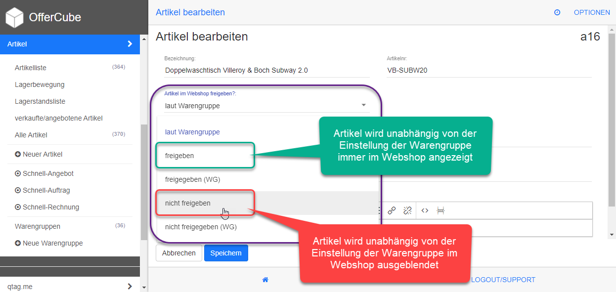 Artikel im Webshop freigeben oder sperren