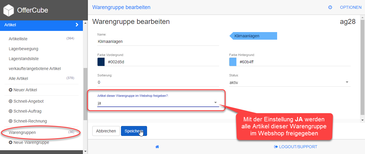 Artikel Warengruppen für Webshop freigeben