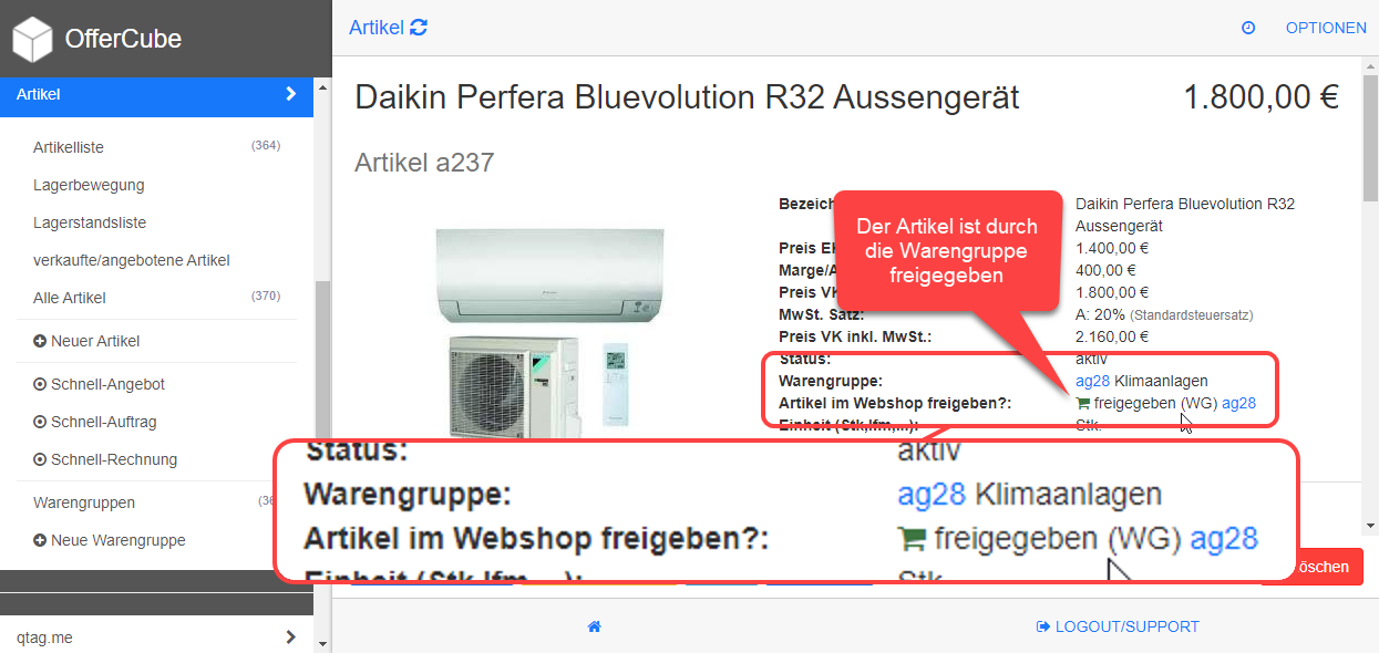 Artikel durch Warengruppe für Webshop freigeben