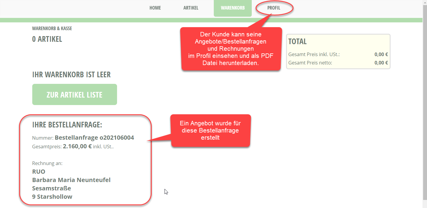 Webshop Kundenansicht Bestellanfrage gesendet