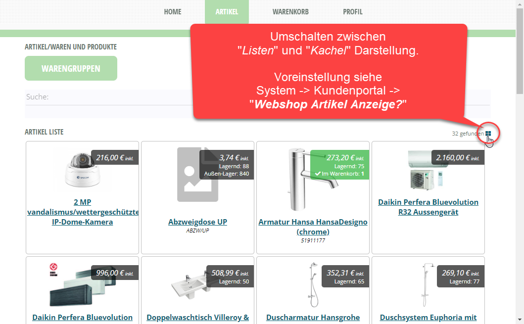 Webshop Einstellungen - System - Webshop Artikel Anzeige als Kacheln