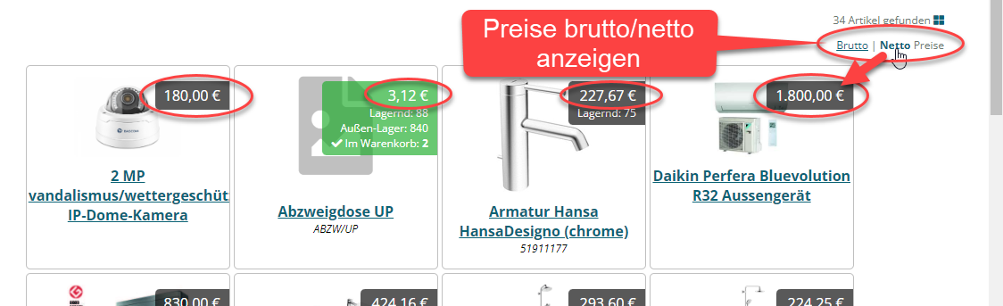 Webshop Preis Darstellung brutto/netto