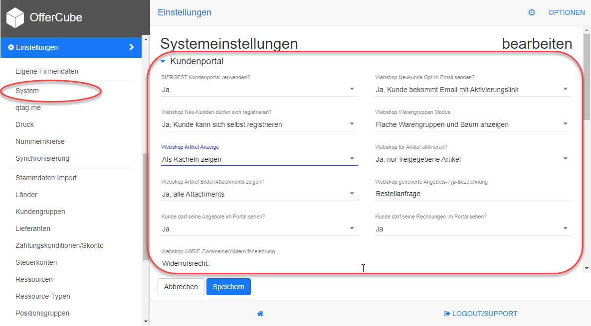 Webshop Einstellungen - System - Kundenportal