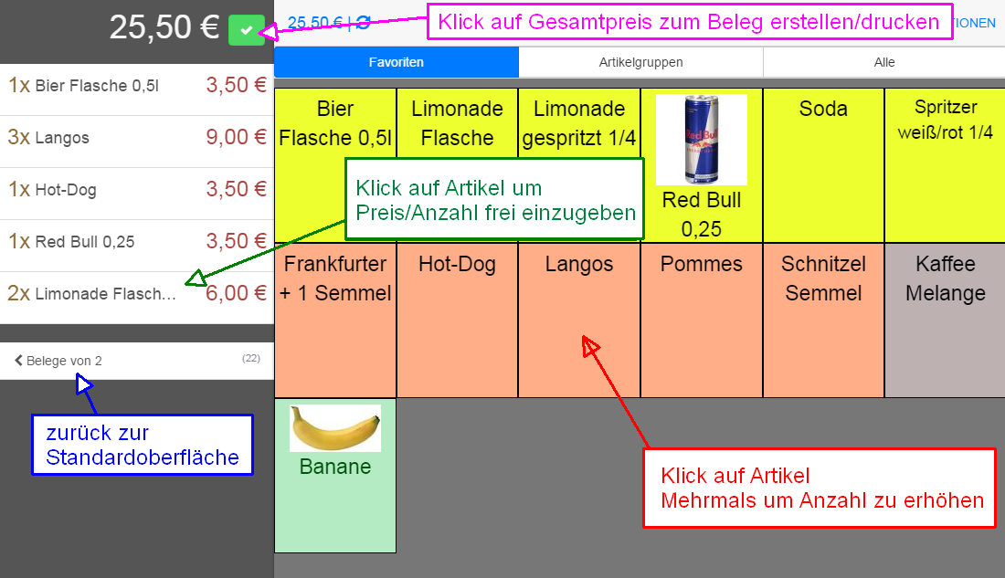 cash-cube "cantina" Oberfläche