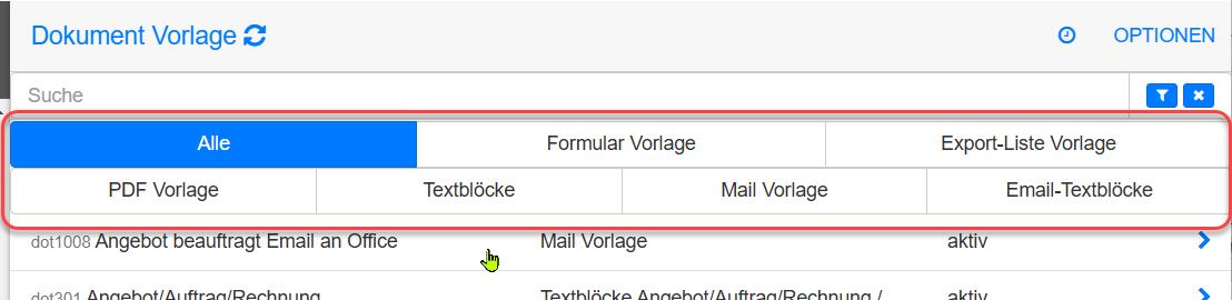 Dokument Vorlagen Liste