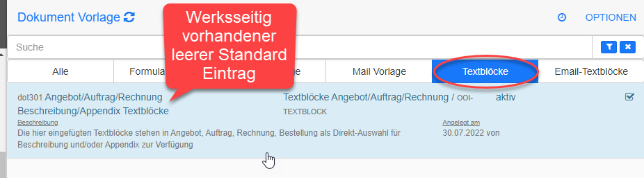 Dokument Vorlage Textblock Liste