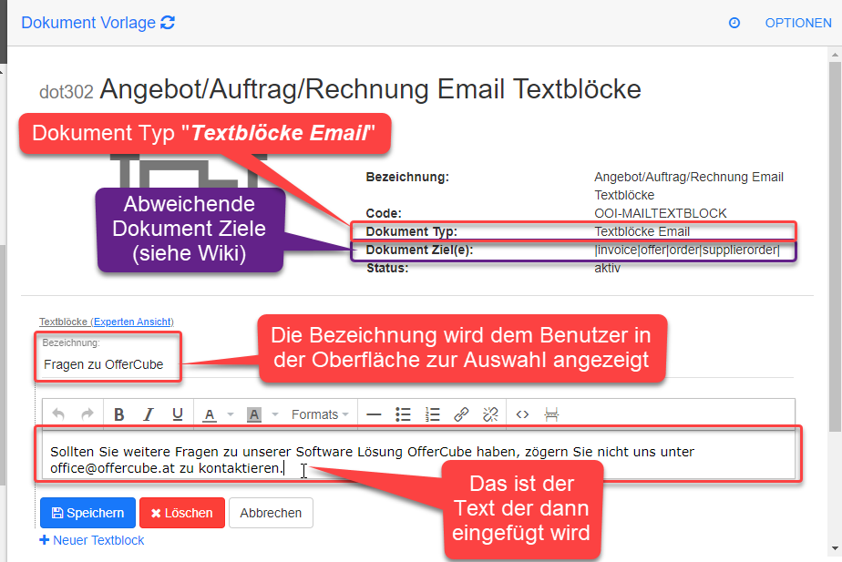 Dokument Vorlage E-Mail Textblock bearbeiten