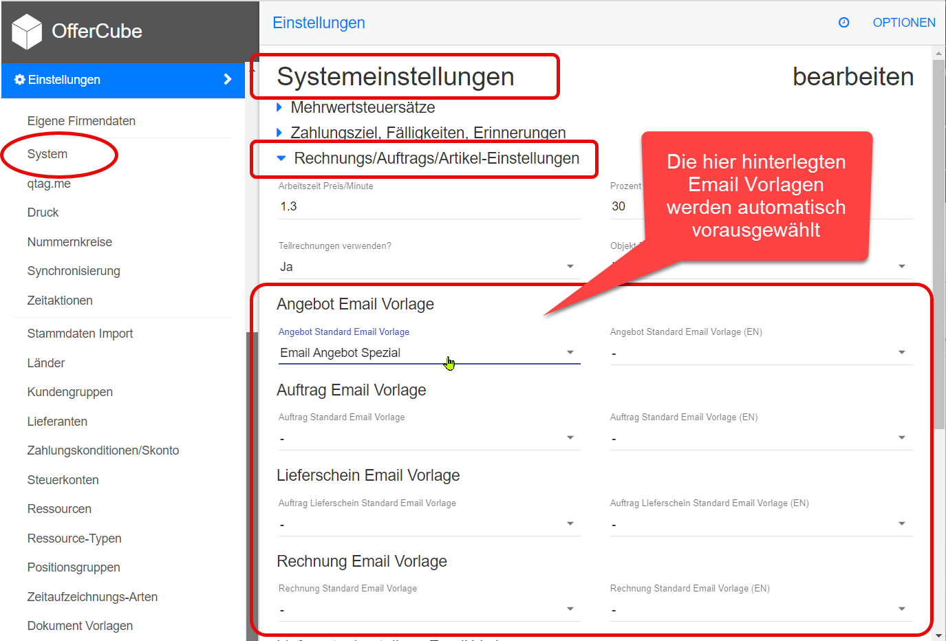 Systemeinstellungen - Standard Email Vorlage