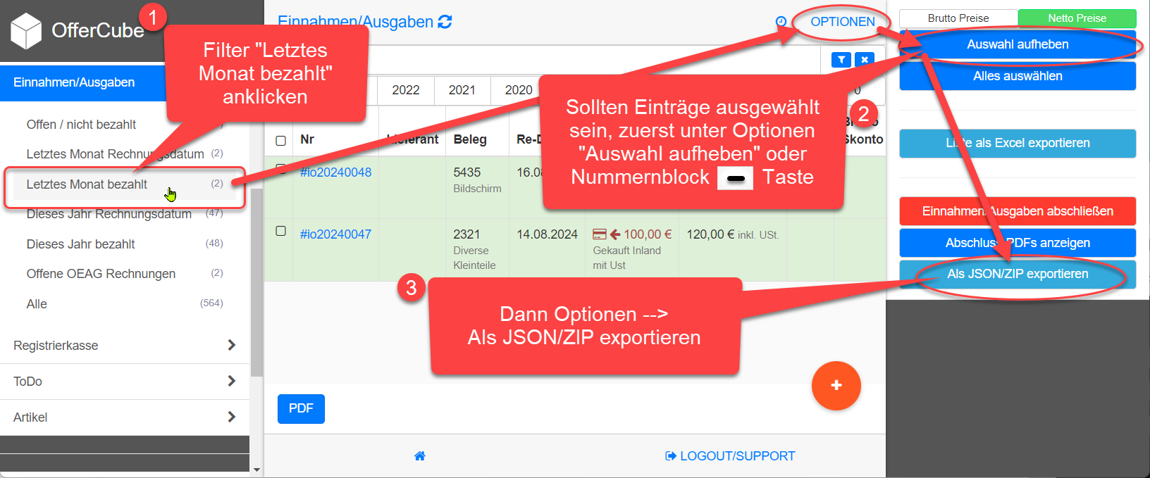 Einnahmen/Ausgaben ZIP Datei des letzten Monats erstellen