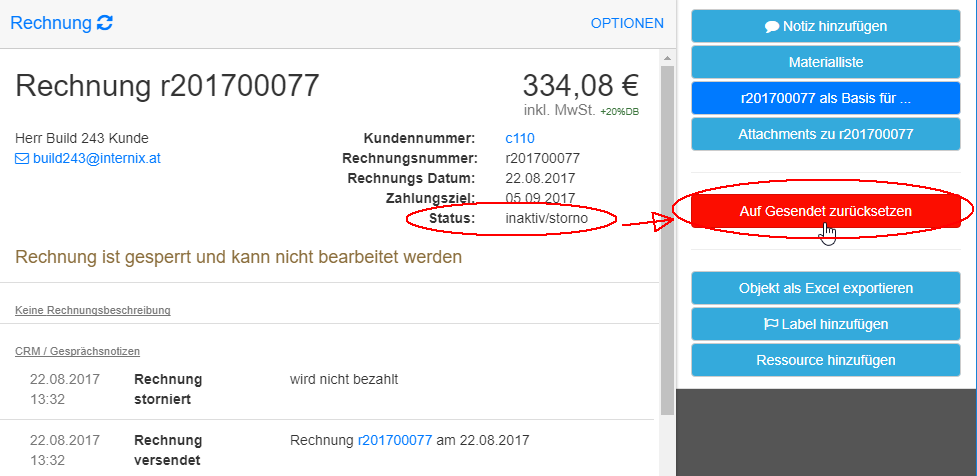 stornierte Rechnung wieder auf gesendet setzen