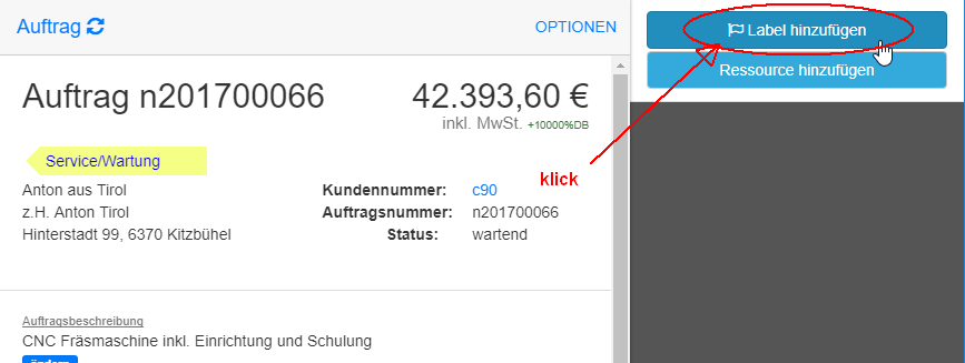 Label zu Auftrag hinzufügen