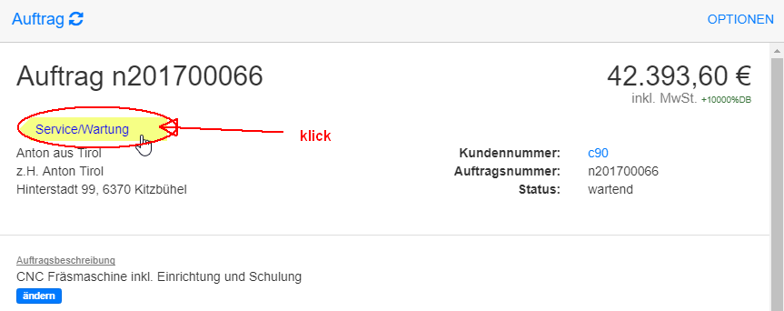 Service/Wartung Label anklicken