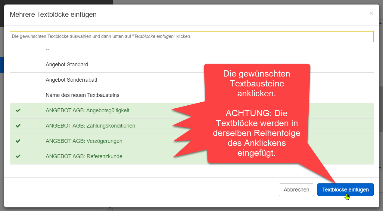 Die gewünschten Textbausteine auswählen