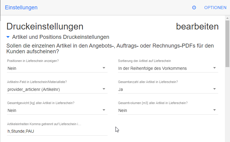 Lieferschein Druck Einstellungen für Artikel