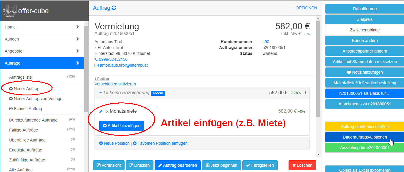 Auftrag anlegen und Artikel einfügen