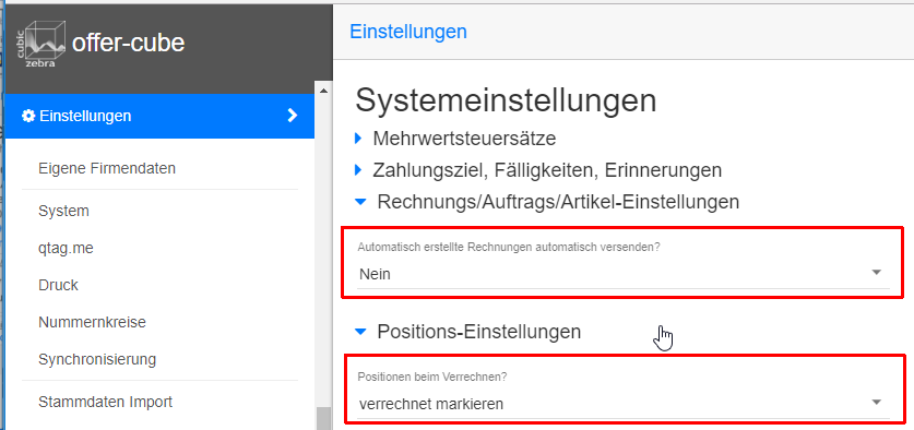 Einstellungen - Rechnung automatisch versenden