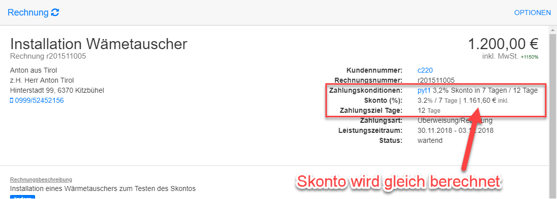 Zahlungskonditionen in Rechnungsdetails aus Kunden übernommen