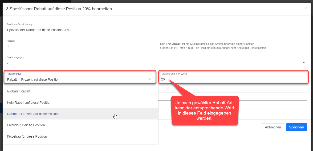 Position spezifischer Rabatt Modus einstellen