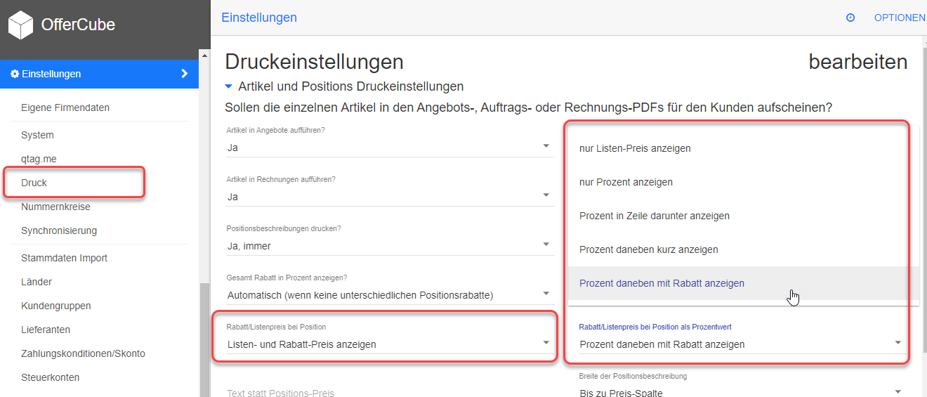 Einstellungen - Druck - Rabatt/Listenpreis bei Position als Prozentwert
