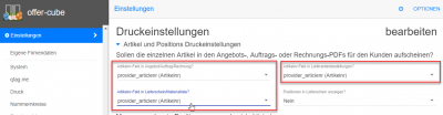 settings articlenrInOffer, articlenrInSupplierorder, articlenrInDeliverynote