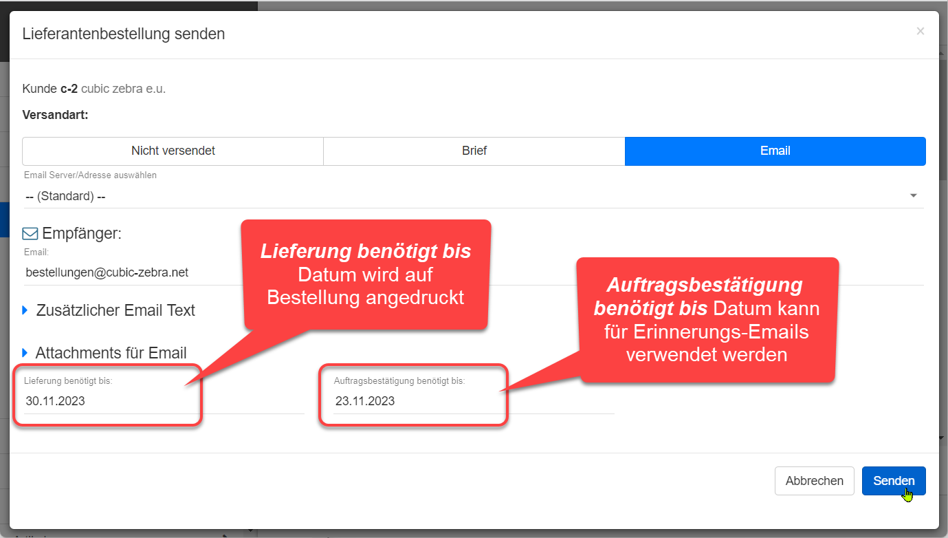 Senden Dialog mit Datumsfelder