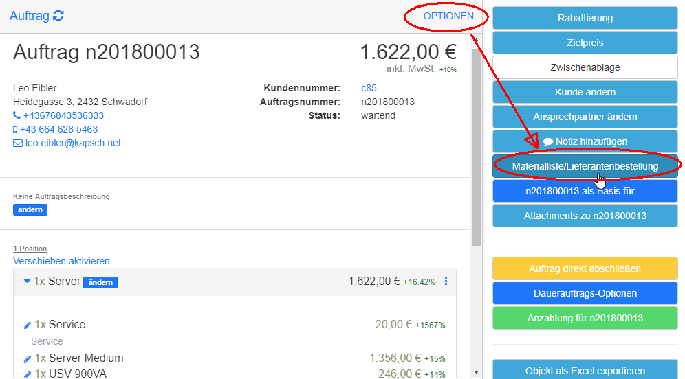 Auftragdetails Optionen Materialliste/Lieferantenbestellung