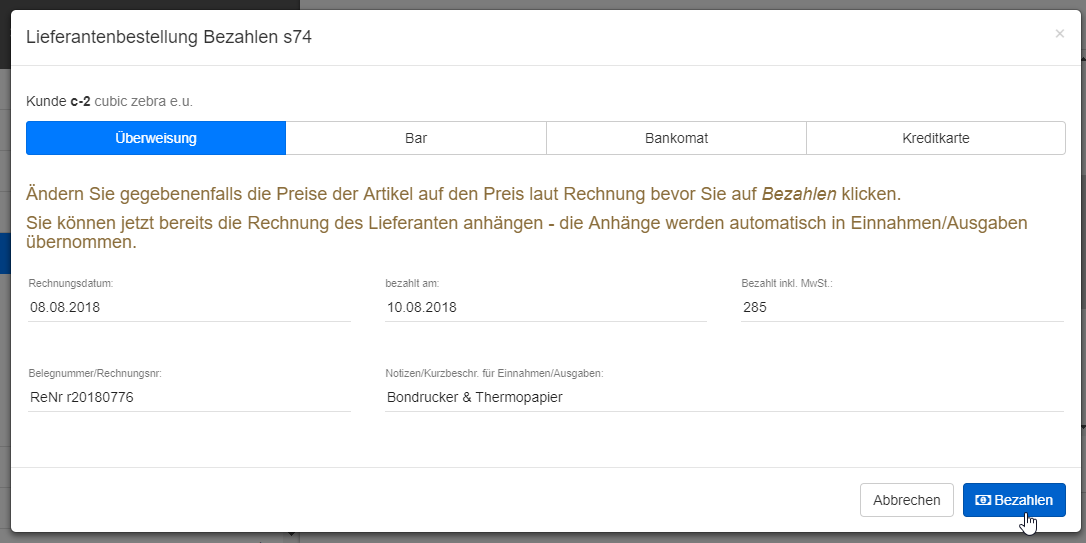 Lieferanten Bestellung bezahlen