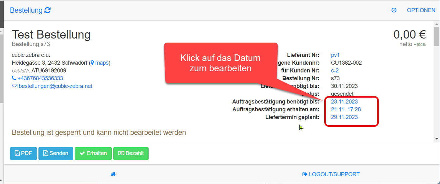 Auftragsbestätigung und Liefertermin Datum pflegen