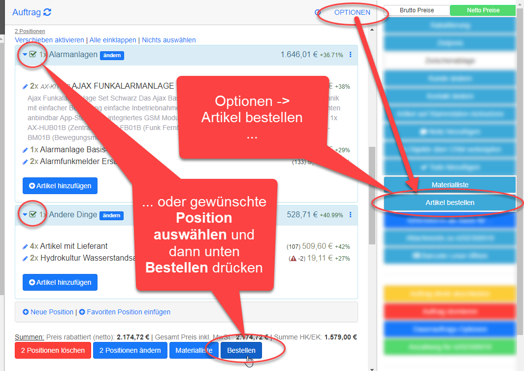 Auftragdetails Optionen Bestellen oder Positionen auswählen und bestellen