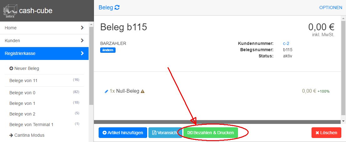 Beleg bezahlen und Drucken