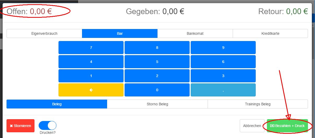 Beleg bezahlen und drucken