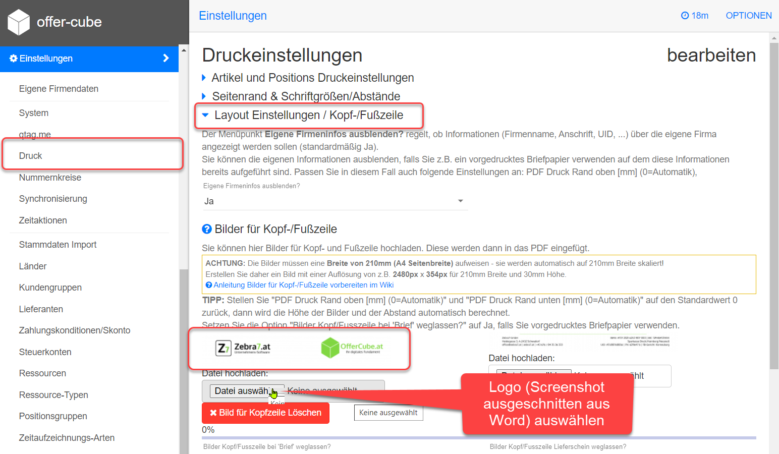 Logo als Kopf/Fusszeile hochladen