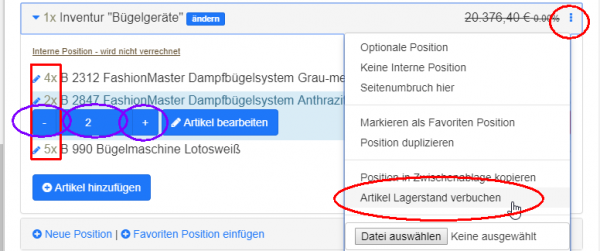 Artikel Anzahl ändern und Lagerstand verbuchen klicken