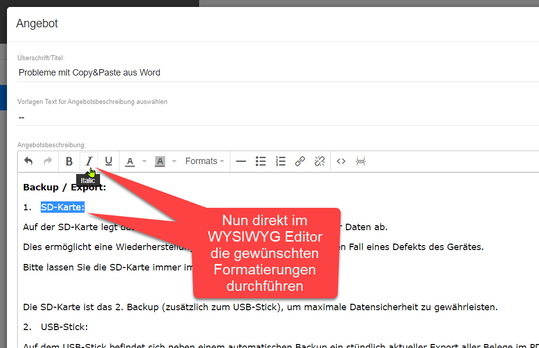 Nun im WYSIWYG Editor formatieren