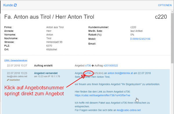 Anbebot versendet im Kundendatensatz