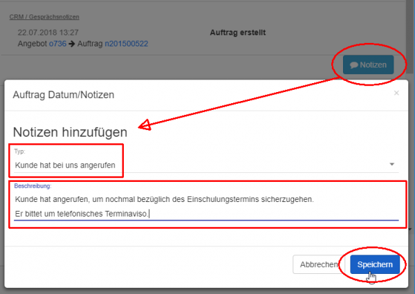 Notiz beim Auftrag hinzufügen