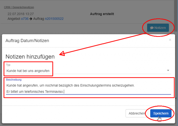 Notiz beim Auftrag hinzufügen