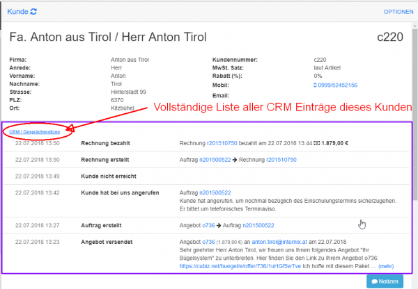 CRM Einträge Liste im Kundendatensatz