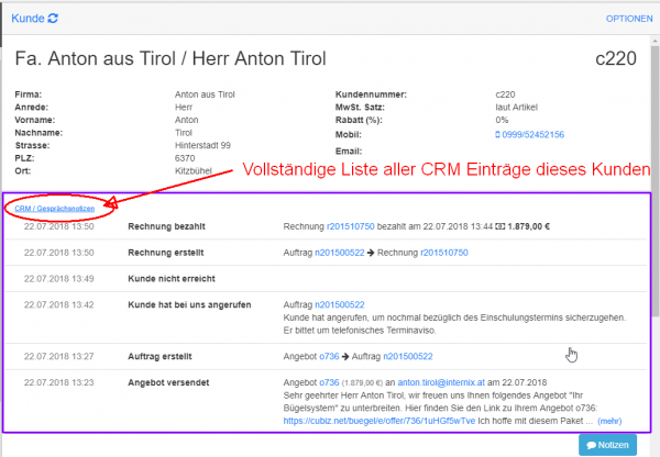 CRM Einträge Liste im Kundendatensatz
