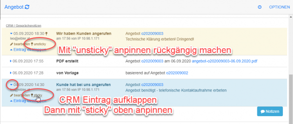 CRM Einträge mit "sticky" anpinnen